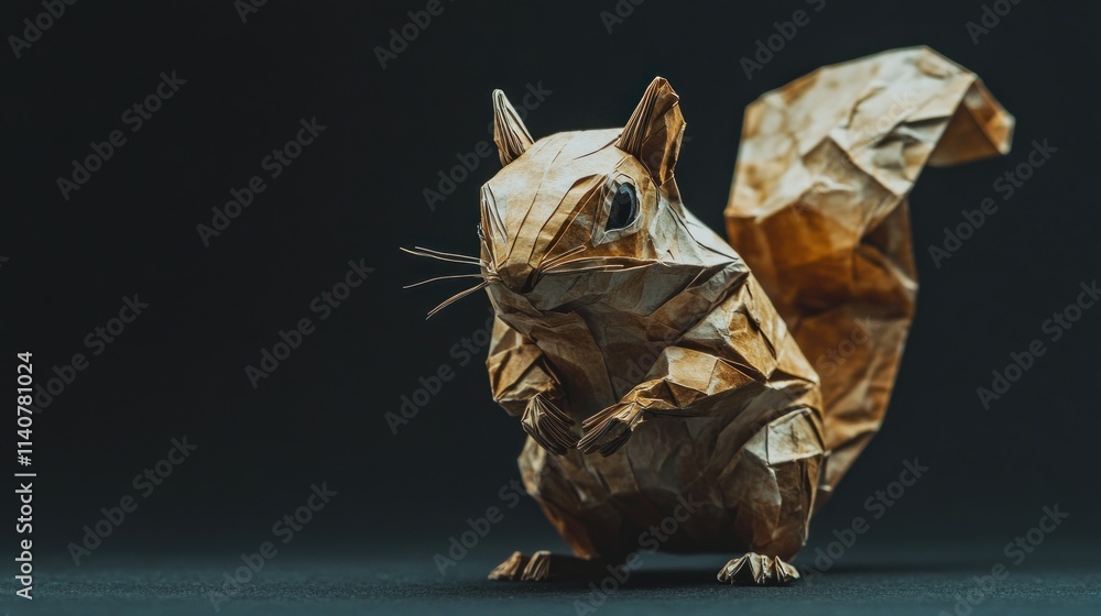 Poster a detailed origami representation of a squirrel, showcasing intricate folds and textures.