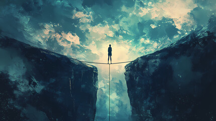 A person standing on a tightrope over a deep chasm demonstrating the difficulty of balancing life with a mental psychology art concept. ai generation. Chasm. Illustration