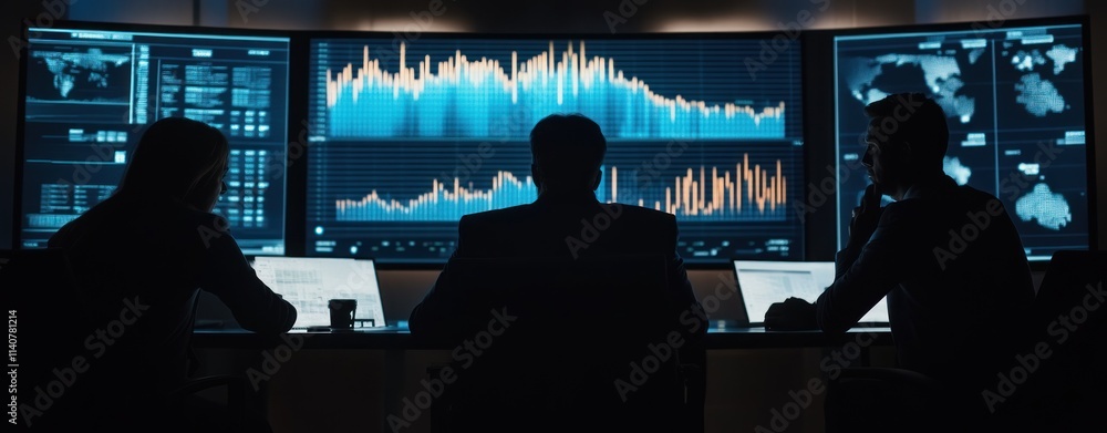 Aufkleber A group analyzes data on large screens in a modern workspace.