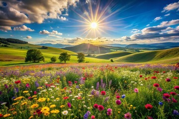 Vibrant Spring Landscape: Blooming Flowers, Sunny Meadow, Pastoral Scene, Nature Photography