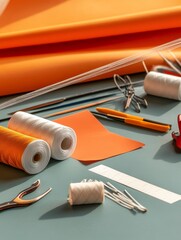 Crafting Flying Aircraft: Materials and Tools - A workspace showcasing the tools and materials for creating a miniature flying craft.  Threads, tools, and orange paper represent precision, constructio