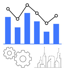 Bar chart with rising and falling values accompanied by a line graph, two cogs, and a simple city skyline. Ideal for business analysis, growth tracking, investment strategy, finance, urban