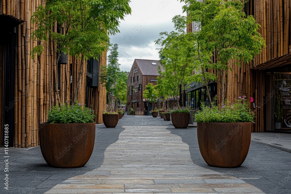 Poster a serene urban pathway lined with trees and planters, showcasing modern architectural design.