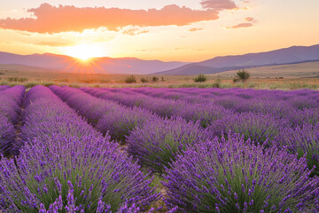 Obraz premium Breathtaking sunset over lavender fields in bloom with mountain views