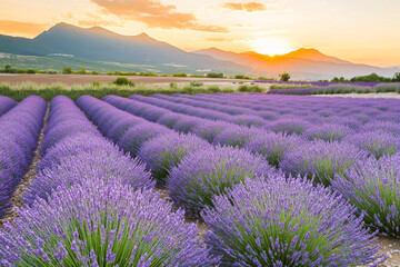 Obraz premium Vibrant lavender fields in bloom at sunrise with majestic mountain backdrop