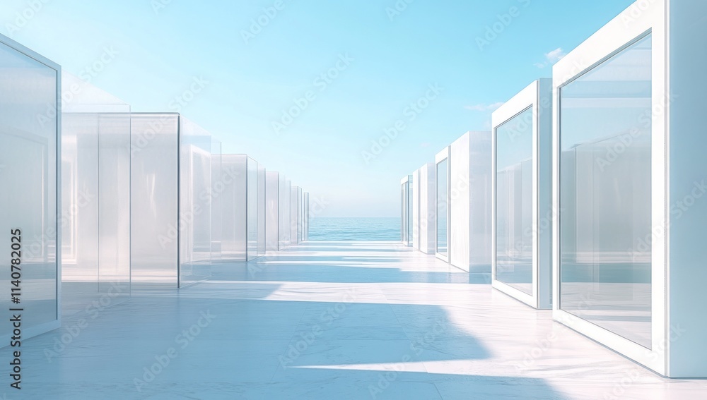 Aufkleber A serene architectural space with transparent structures overlooking a calm sea.