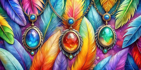 Vibrant Watercolor Feathers Gemstone Pendant Art - Colorful Bird Feather Jewelry Design