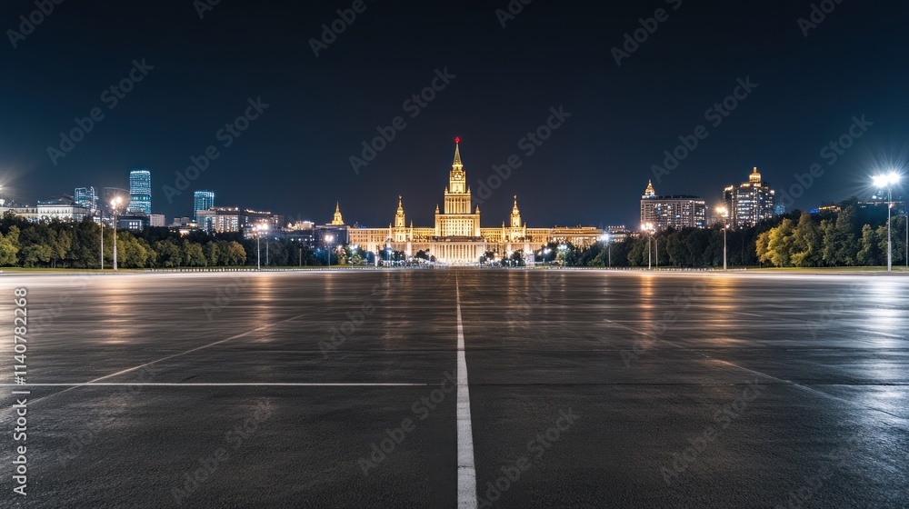 Aufkleber night view of a grand building illuminated, showcasing urban architecture and empty surroundings.