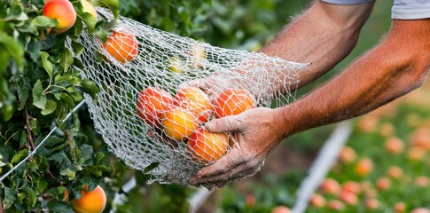 A person harvesting apples using a net bag in an orchard setting.