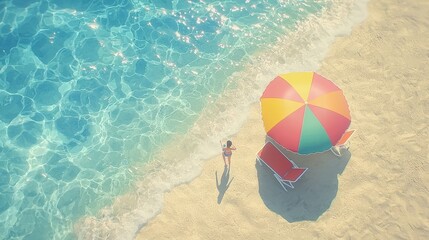 Obraz premium A serene beach scene with a colorful umbrella and a person by the water.