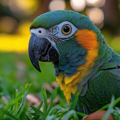 Obraz premium A close-up of a colorful parrot resting on the grass, showcasing its vibrant feathers.