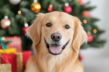 A cheerful golden retriever sits in front of a decorated Christmas tree, surrounded by colorful presents, exuding a festive and joyful atmosphere.