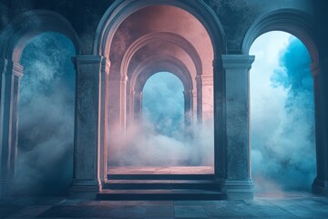 Mysterious Archway: A Dreamlike, Smoky Hallway.