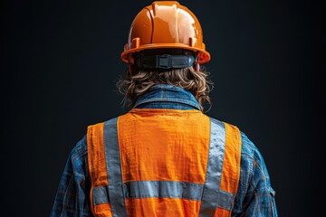 Rear pose of a worker in protective gear, including helmet and vest, isolated in a minimalist style for versatile industrial use.