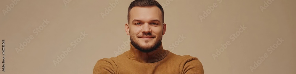 Aufkleber a smiling man in a turtleneck sweater poses confidently against a neutral background.