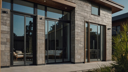 Modern house exterior with large, dark-framed windows and sliding glass doors.  Stone cladding on the walls. Patio visible.  Part of another building is seen in the background.