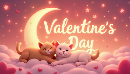 Cute cats on fluffy clouds with Valentine's Day message