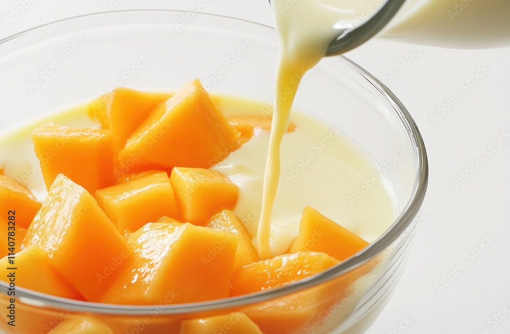 Poster a bowl of yogurt topped with fresh mango chunks, with yogurt being poured in.