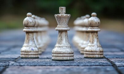 White king piece leads pawns on outdoor board.