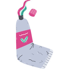 Lovely cartoon twisted toothpaste tube with cap and squeezing paste from it. Funny hand drawn open toothpaste with mint leaves on label. Dentistry and tooth hygiene clipart isolated on background.