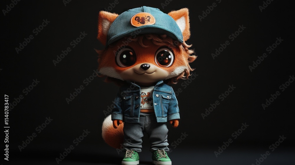 Poster a stylized fox character in casual attire, featuring oversized eyes and a playful expression.