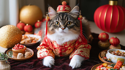 festive cat dressed in traditional attire for Chinese New Year, surrounded by decorations and treats, exuding joy and celebration