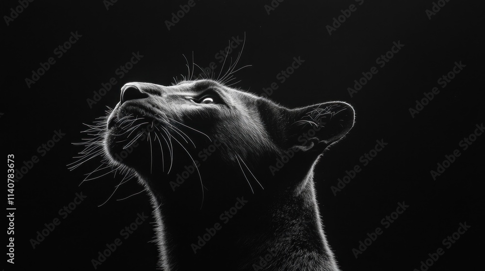 Poster a close-up of a cat's profile against a dark background, highlighting its features.