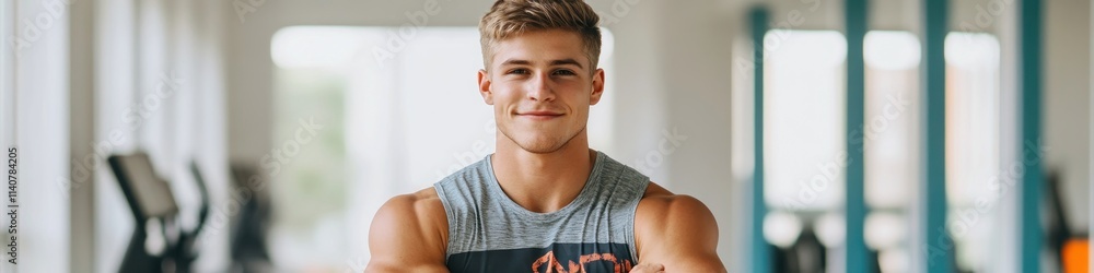 Wall mural A young man smiles confidently in a gym setting, showcasing fitness and wellness.