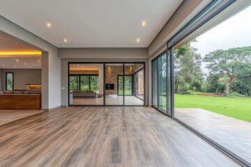 Modern spacious living room with large windows overlooking a lush green landscape