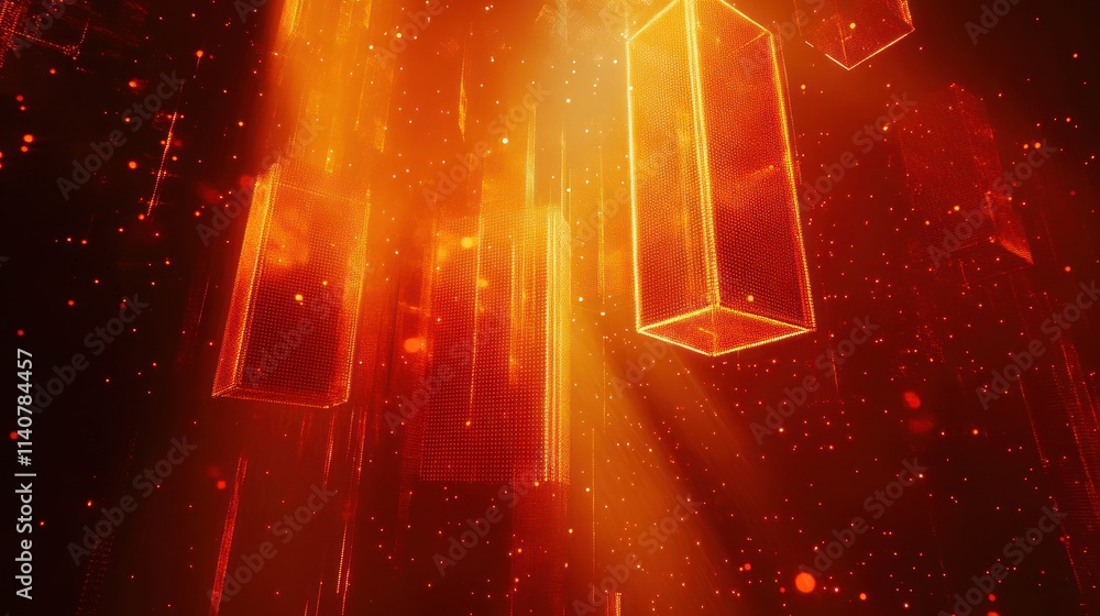 Aufkleber abstract image of glowing orange geometric shapes with particles and light rays.