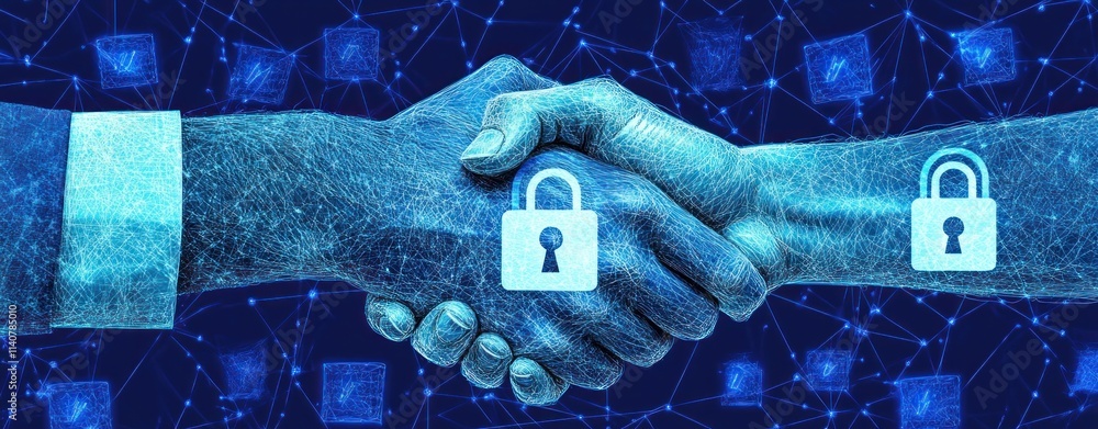 Poster Digital handshake symbolizing security and collaboration in technology.