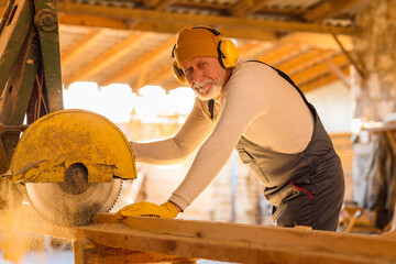 Mature male carpenter sawing wooden plank at sawmill