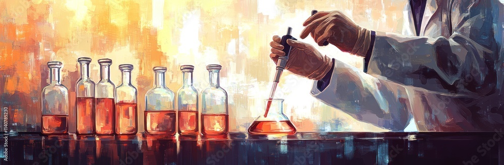 Leinwandbilder a scientist conducts an experiment using a pipette and various glass containers filled with liquids.
