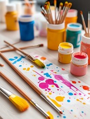 Naklejka premium Colorful Craft Paintbrush Marbling Art - Vibrant paint splatters on a craft surface, showcasing colorful marbling tools and paintbrushes. Creative, artistic, expressive, colorful, playful.
