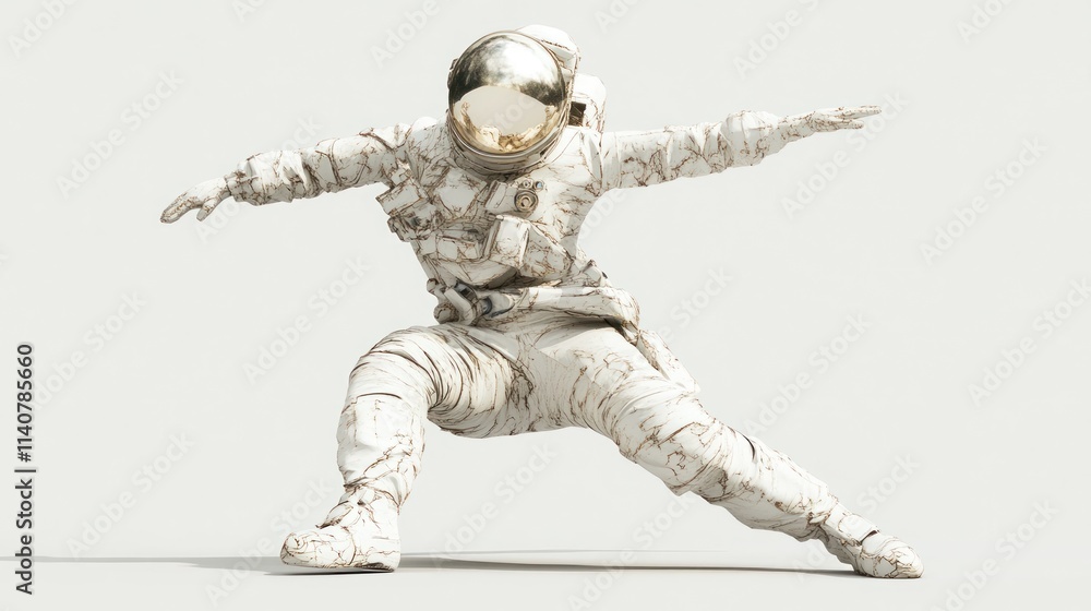 Poster a stylized astronaut figure posed dynamically in a neutral background.