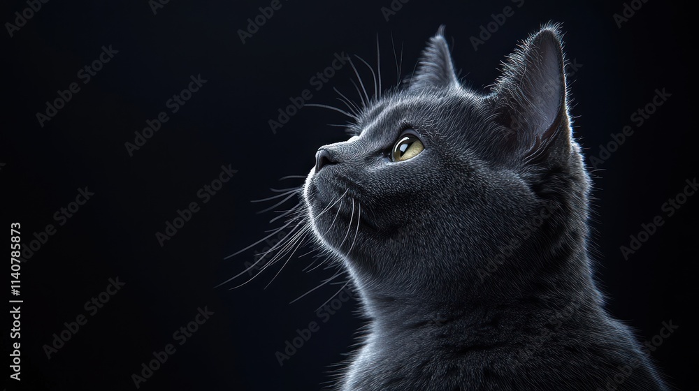 Poster a close-up profile of a gray cat against a dark background, highlighting its features.