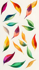 A collection of colorful, stylized leaves arranged artistically on a light background.