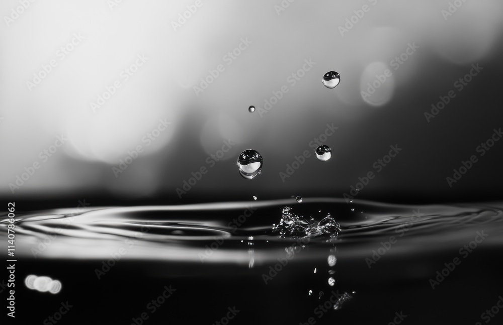 Poster water droplets falling onto the surface, creating ripples on top. the background is dark gray with b