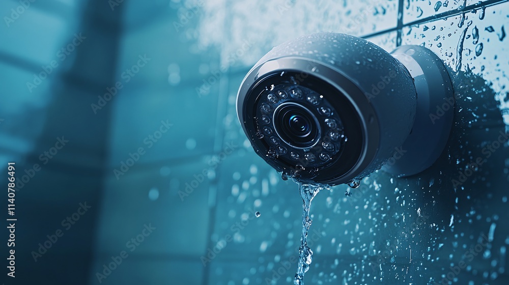 Poster close-up of a modern security camera with water droplets on a tiled wall, creating a sleek and high-