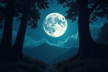 Curtains Full moon casting an eerie glow through forest canopy, full moon, darkness, woodland