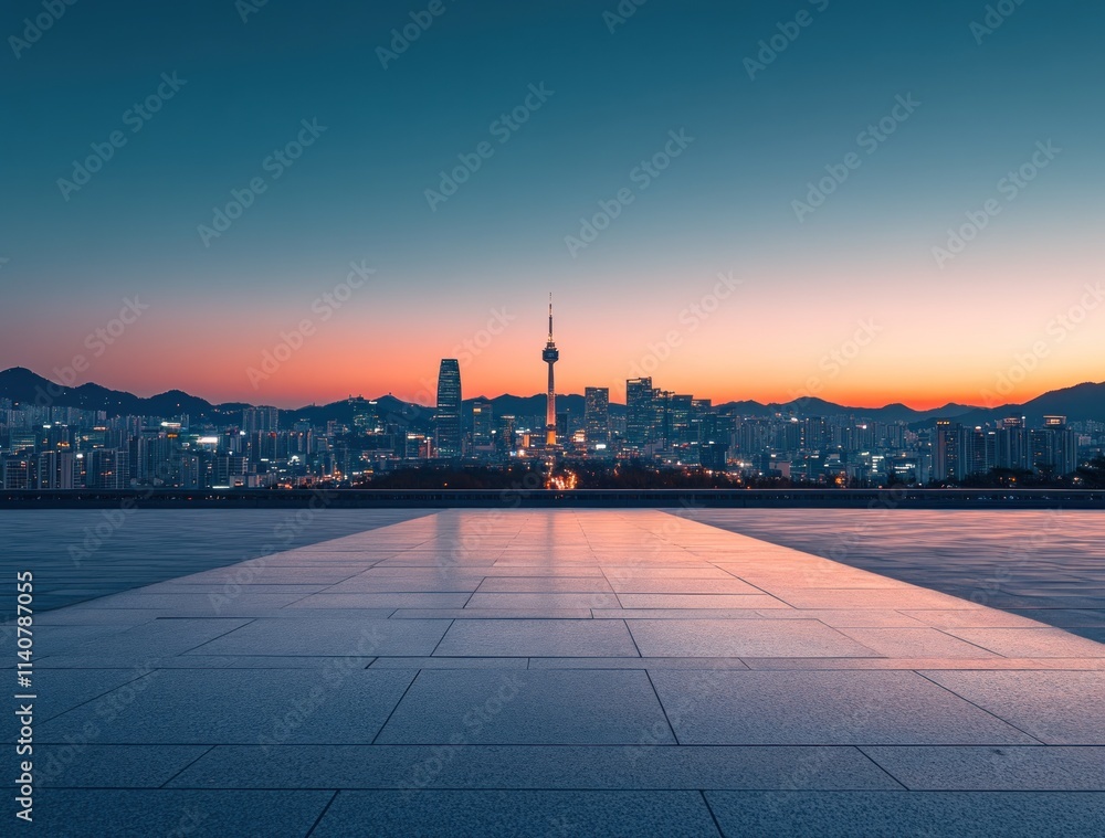 Poster a serene twilight cityscape showcasing urban architecture and mountains in the background.