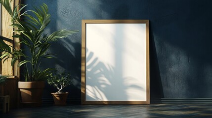 A serene indoor setting featuring a wooden-framed empty picture frame beside lush green plants.