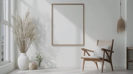 A serene interior featuring a stylish wooden chair, pampas grass, and a blank frame, creating a tranquil and minimalistic atmosphere.