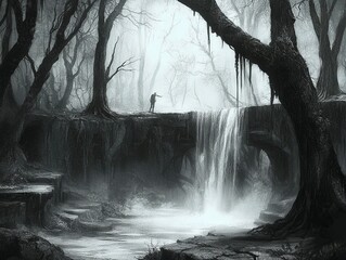A serene black-and-white forest scene featuring a waterfall and a figure.