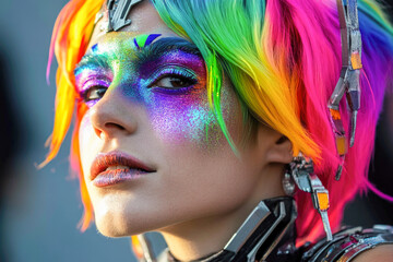 Fototapeta premium Rainbow-haired caucasian young woman in futuristic makeup and cybernetic accessories