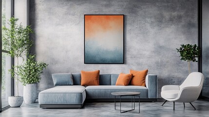 Modern living room featuring a stylish gray-blue sofa with orange cushions and an abstract artwork, exuding a serene and contemporary vibe.