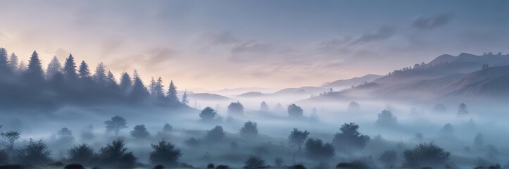 Fototapeta premium Gentle blue mist in a foggy landscape with abstract blur effects, foggy landscape, ethereal quality, blurred colors