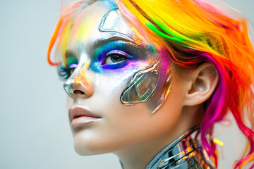 Naklejka premium Futuristic portrait of female with rainbow hair and metallic face art