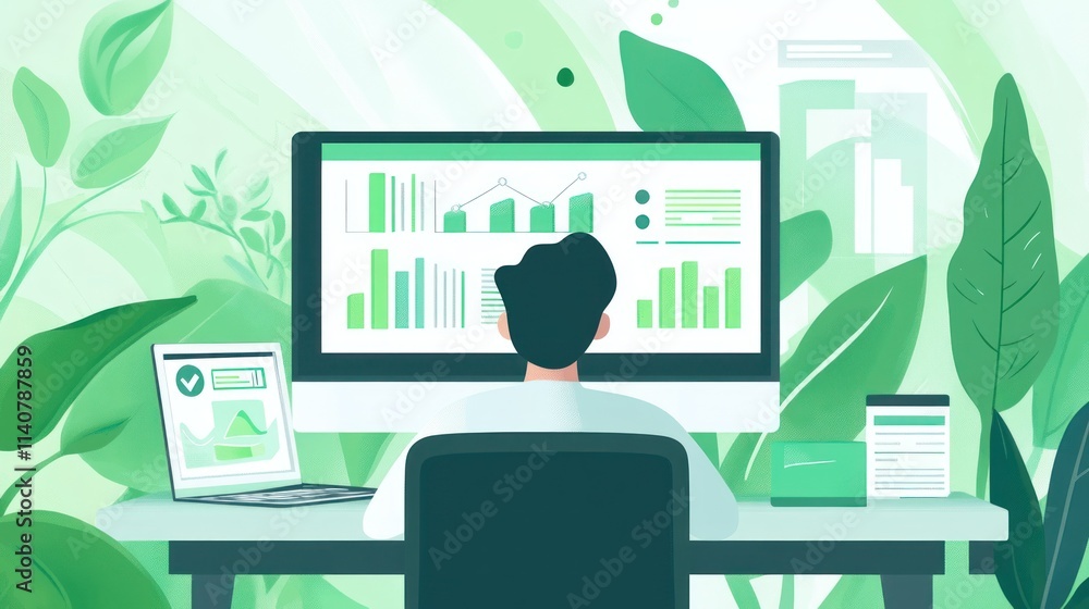 Poster A person analyzing data on a computer surrounded by greenery.