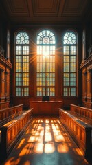 A sunlit courtroom with wooden benches and stained glass windows, emphasizing justice and decorum.